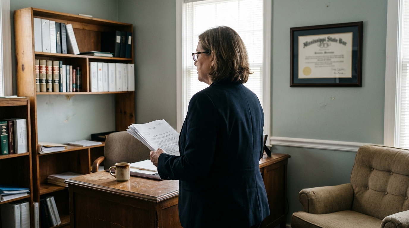 Columbus MS Wrongful Death Attorney Reviewing Case Evidence female attorney holding legal documents beside desk with Mississippi State Bar certificate