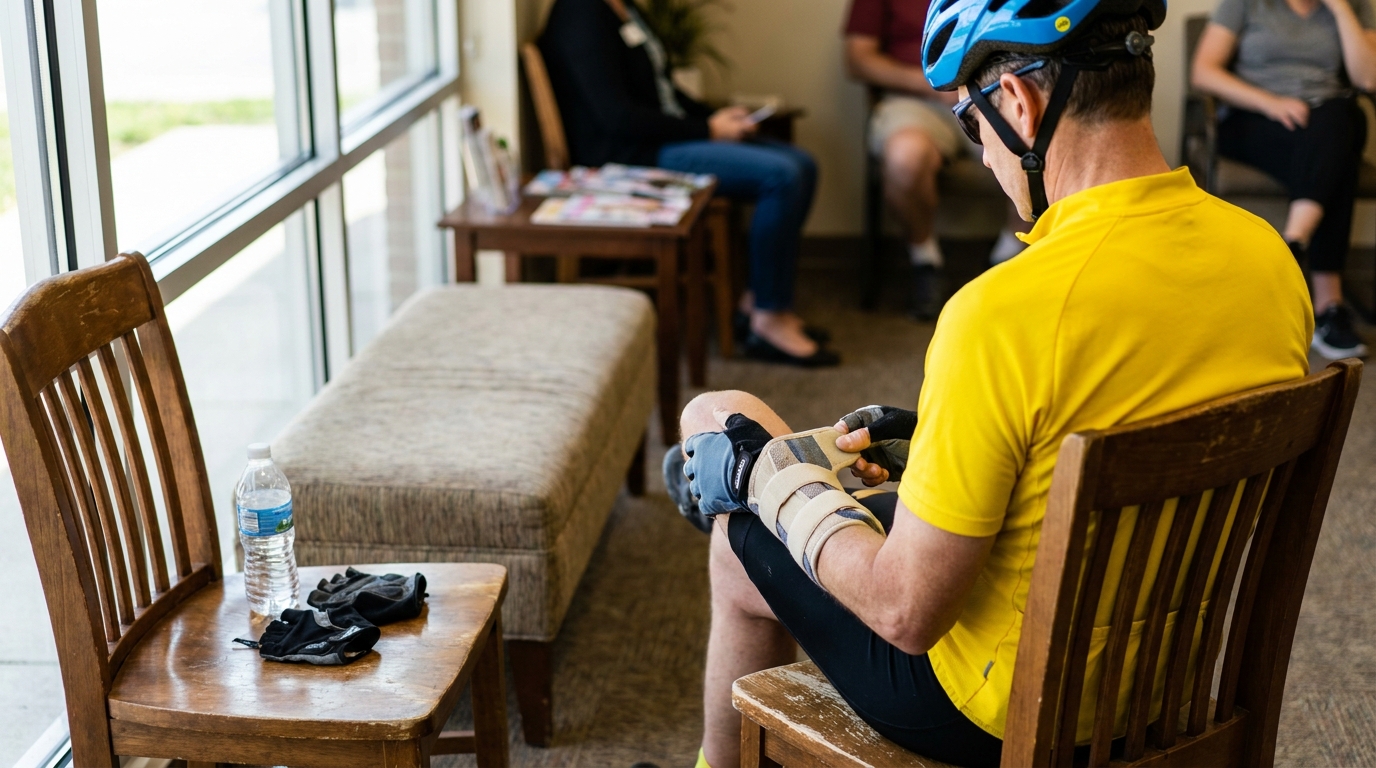 Injured Kansas City Cyclist Waiting With Knee Brace injured cyclist wearing helmet and knee brace seated in waiting room