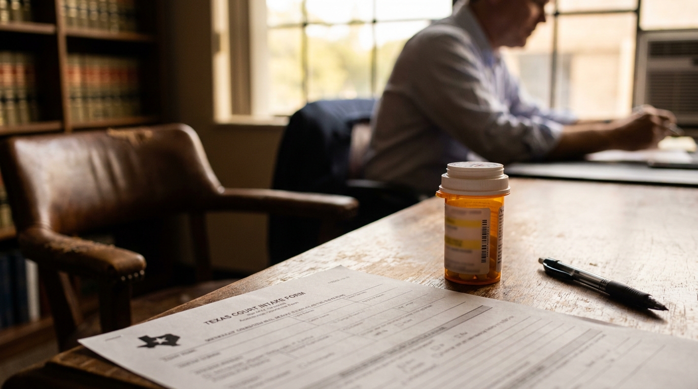 Dallas Attorney Reviewing Drug Charge Deferred Adjudication Texas Court Form Texas Court Intake Form with prescription bottle and pen on law office desk