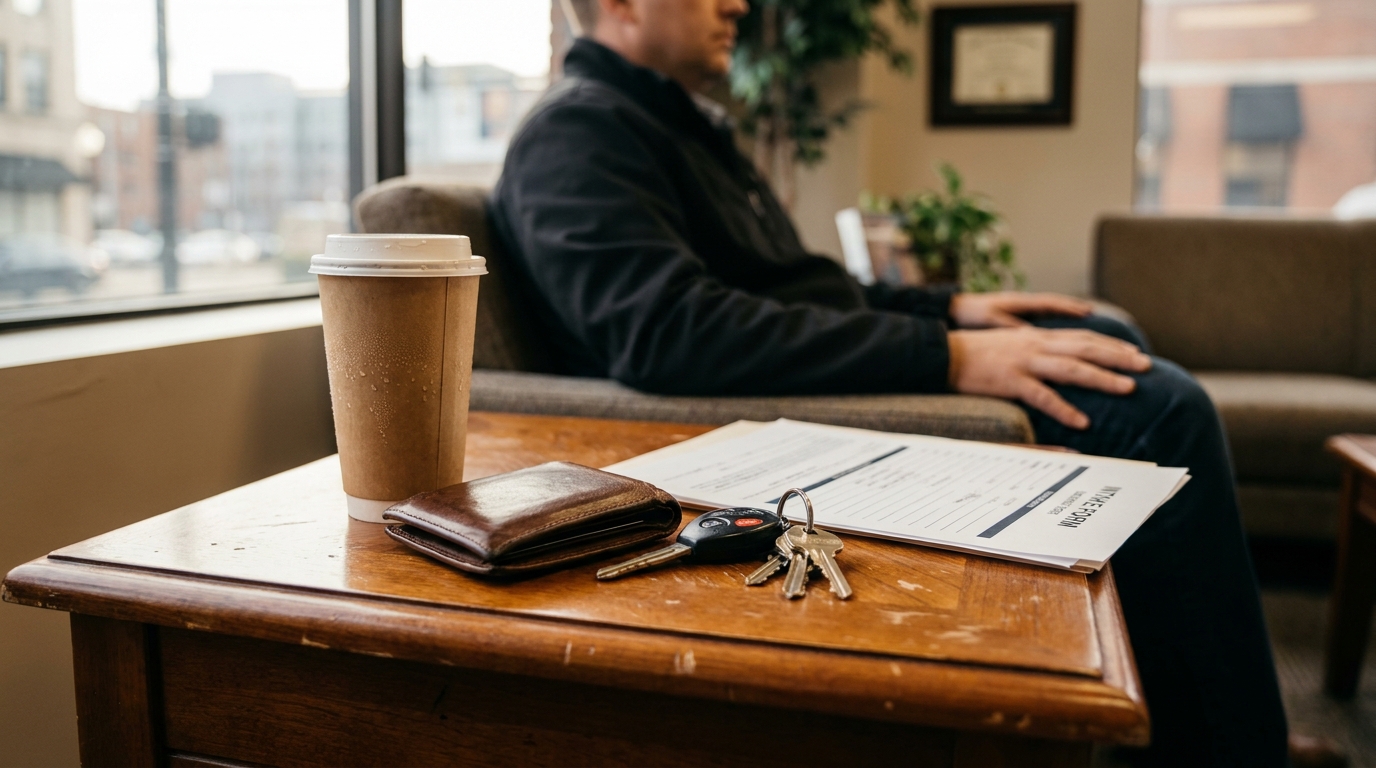 intake form, car keys, wallet, and coffee cup on law office waiting room table