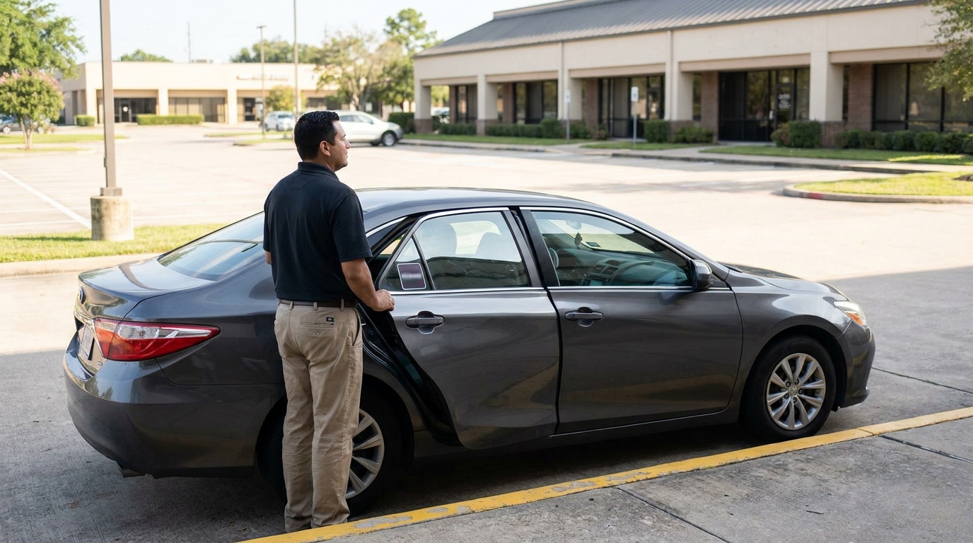 man standing beside sedan door open in commercial parking lot
