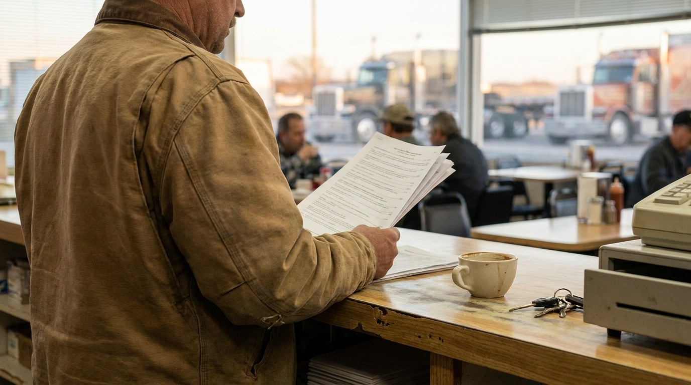 truck driver reading multi-page document at diner counter with semi-trucks visible outside