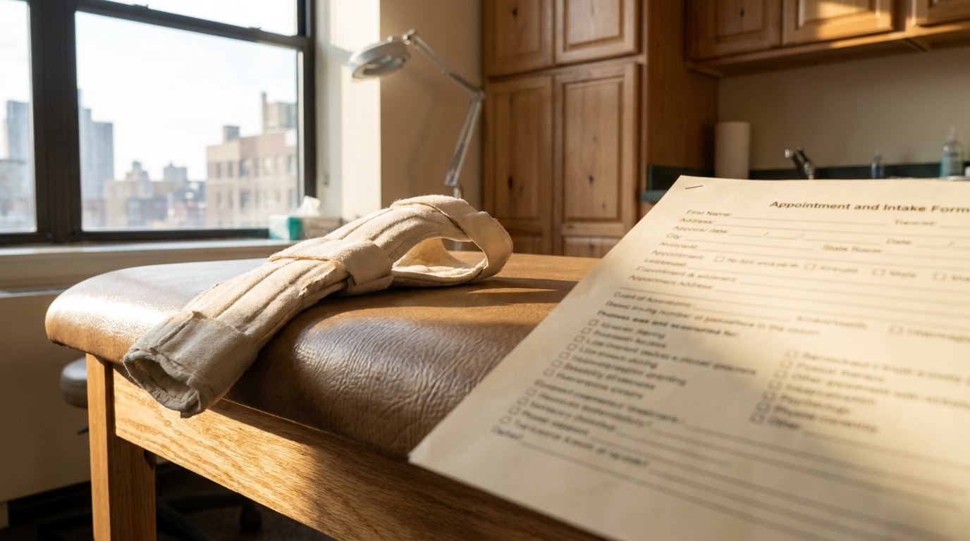 Appointment and intake form beside therapy table with folded towel near window