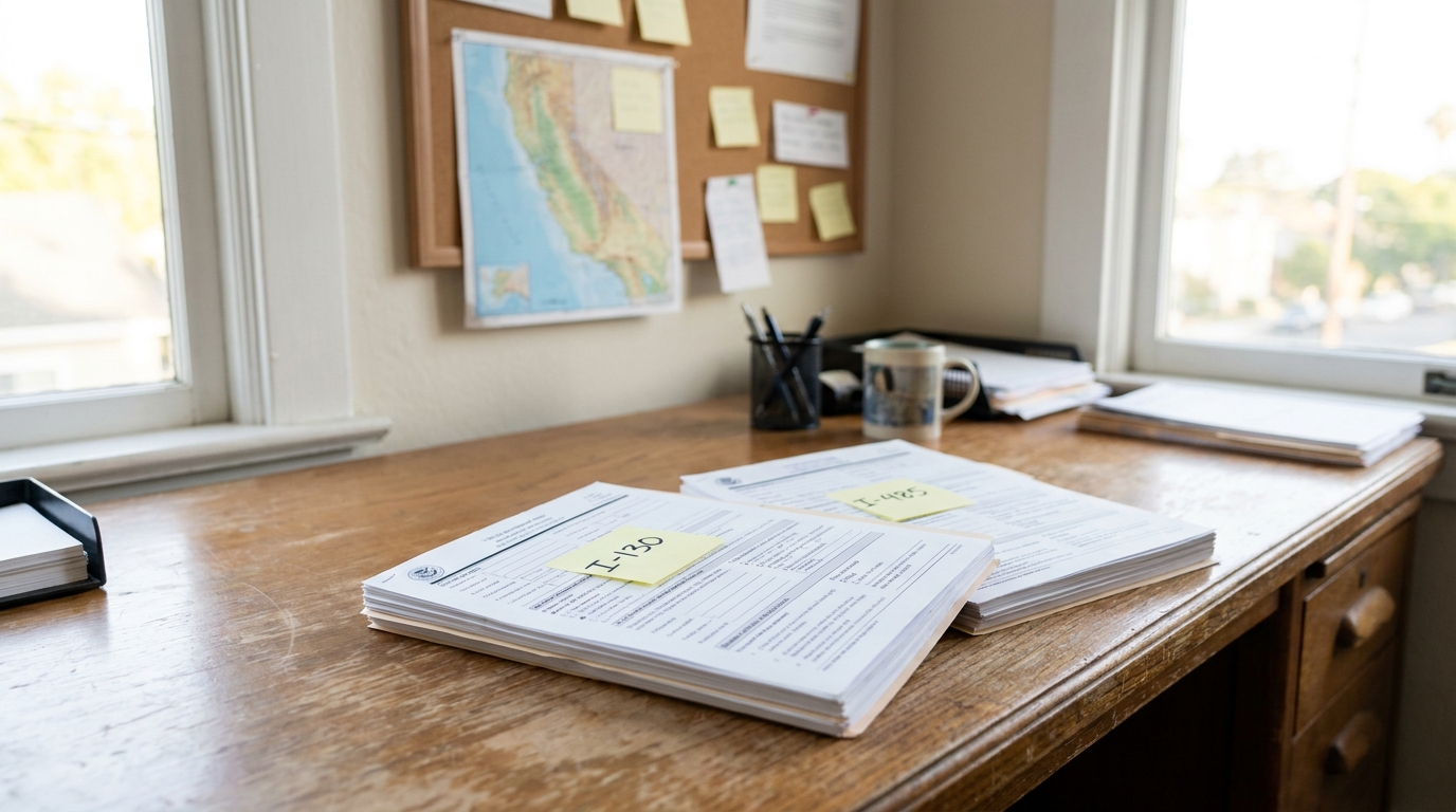 I-130 and I-485 Concurrent Filing Forms San Diego Attorney Desk USCIS Form I-130 and I-485 packets with sticky notes on wooden desk