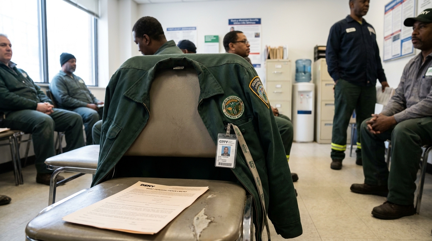 uniformed workers gathered in room with DENY document and ID badge on chair