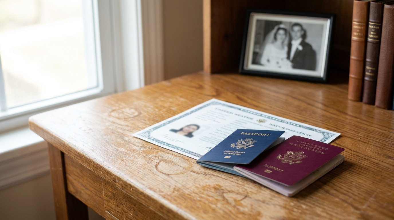 US Naturalization Certificate and Passports for Spouse Citizenship United States naturalization certificate and two passports on wooden desk