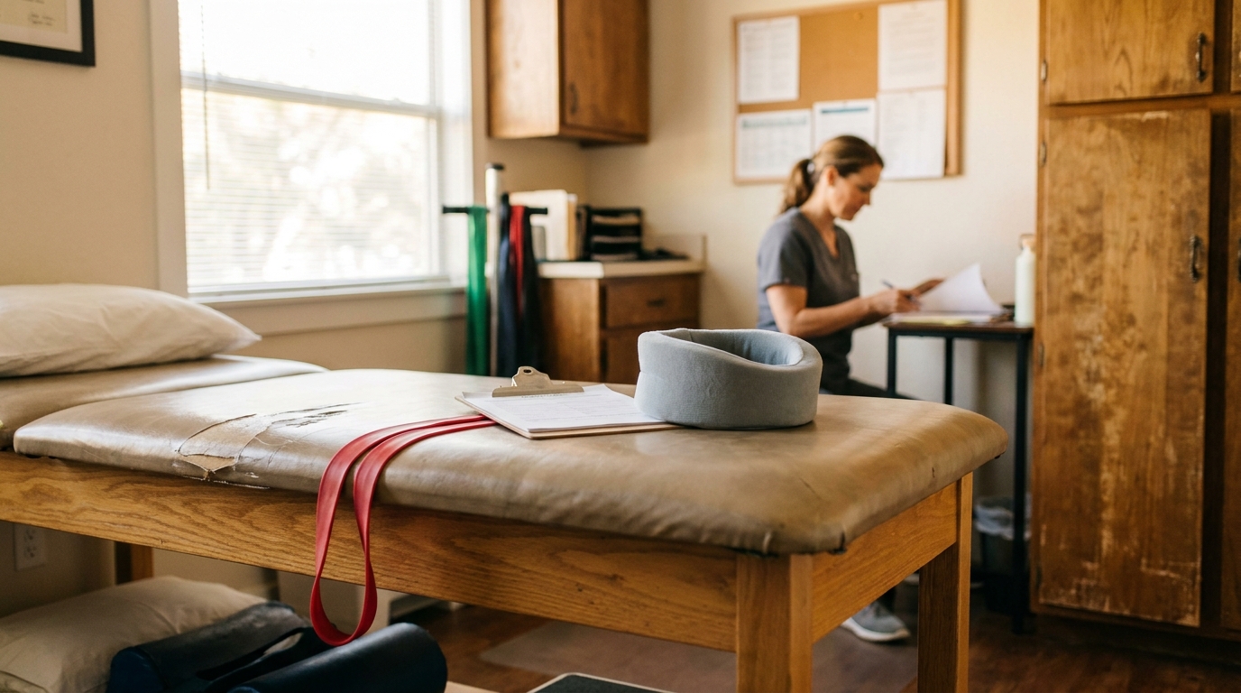 Austin Car Accident Bodily Injury Claim Medical Evaluation physical therapy treatment table with resistance band, clipboard, and neck brace in clinic