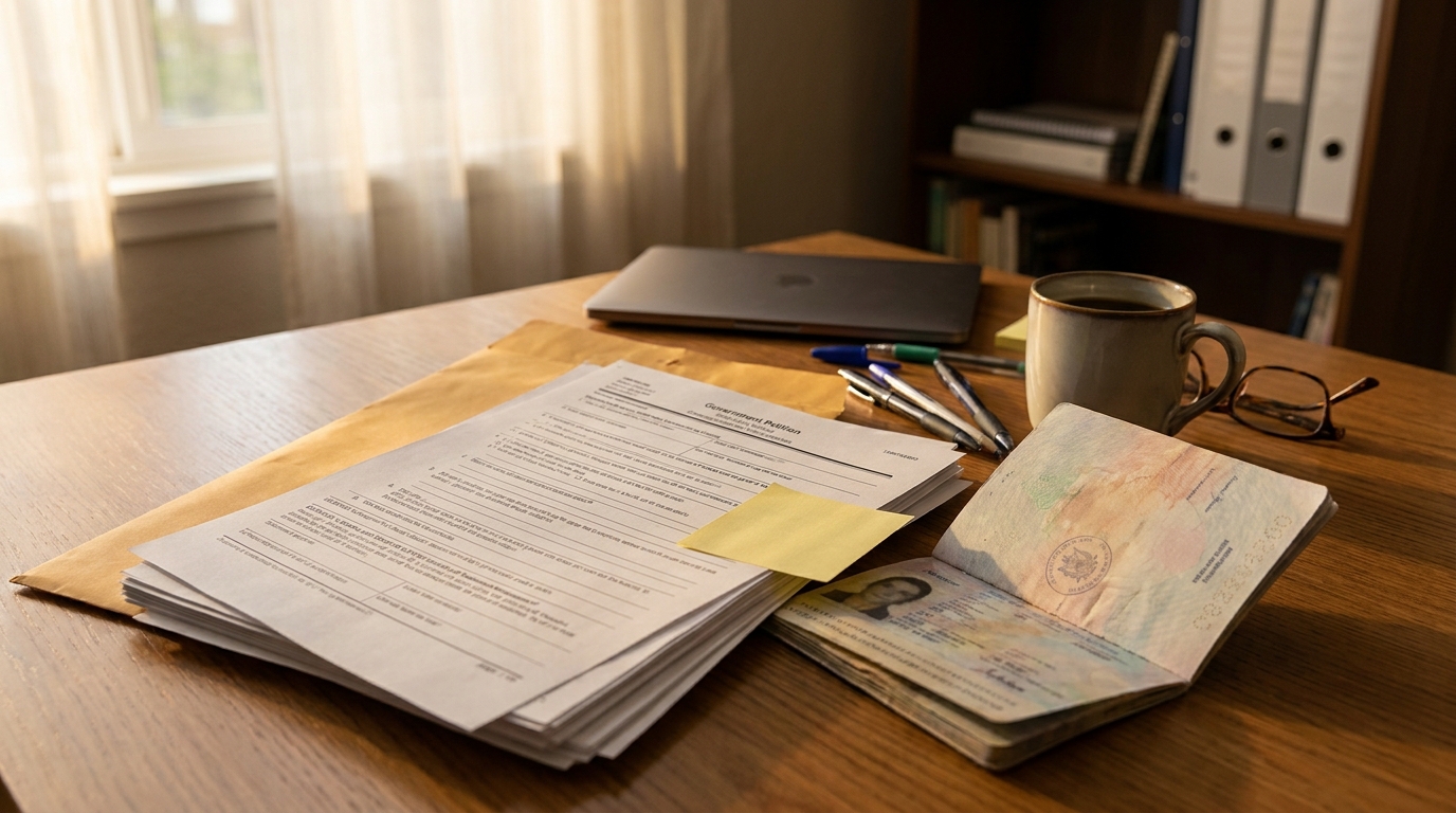 Form I-130 Petition Documents and Passport on Desk Government Petition form and open passport on wooden desk with laptop