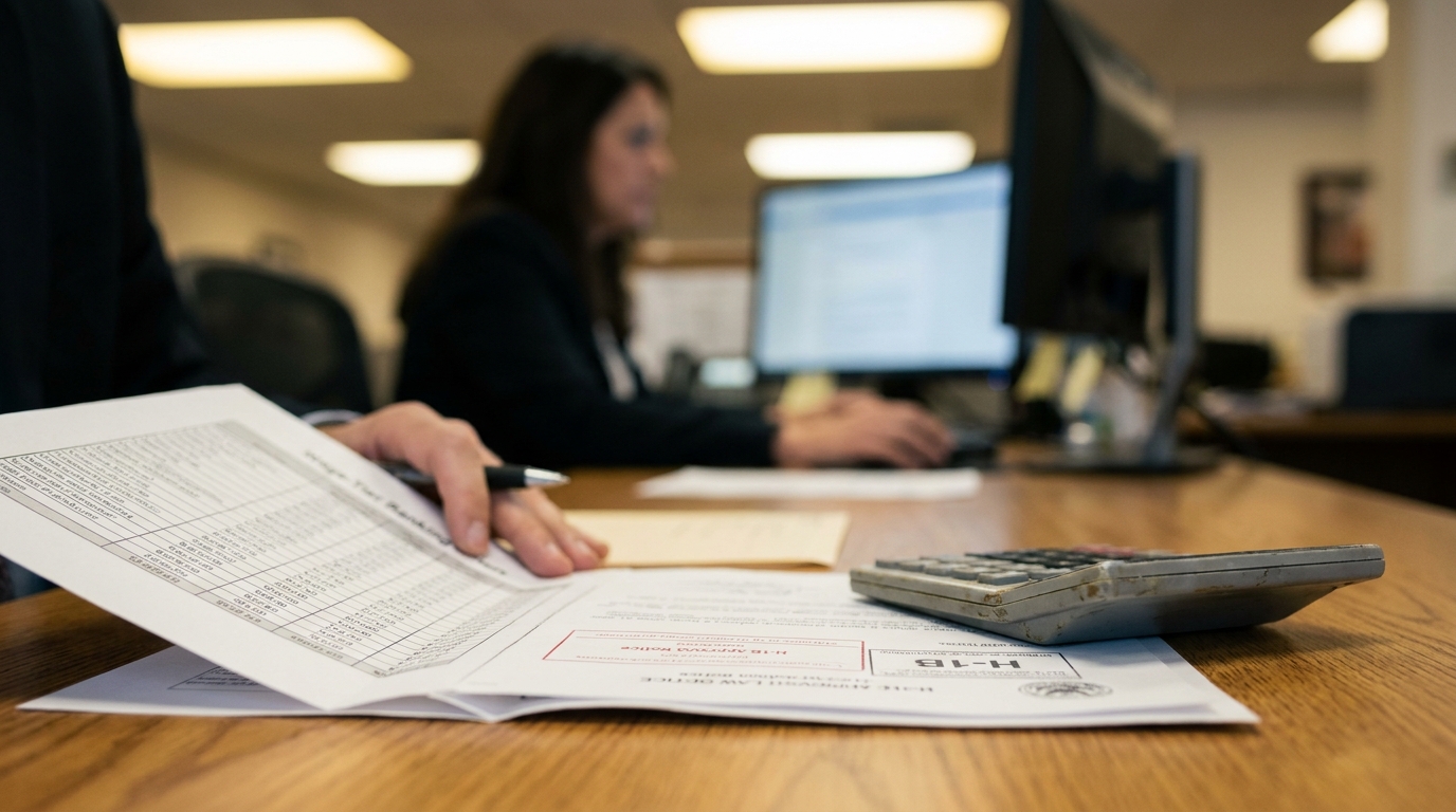H-1B Attorney Reviewing Wage-Weighted Lottery Documents United States H-1B approval notice and immigration forms on desk with attorney working at computer