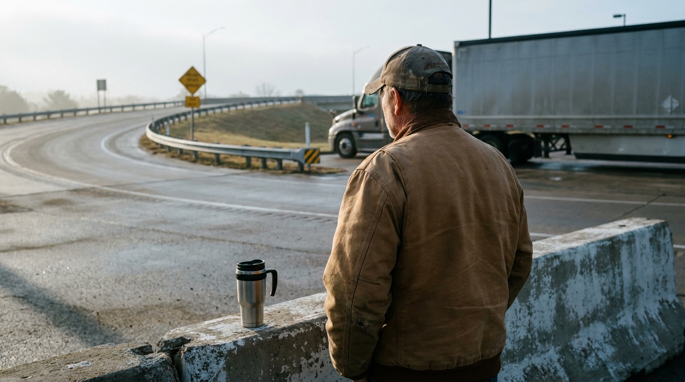 Man Watching 18-Wheeler Navigate Finesilver Curve San Antonio man in work jacket watching semi-truck navigate highway ramp near concrete barrier