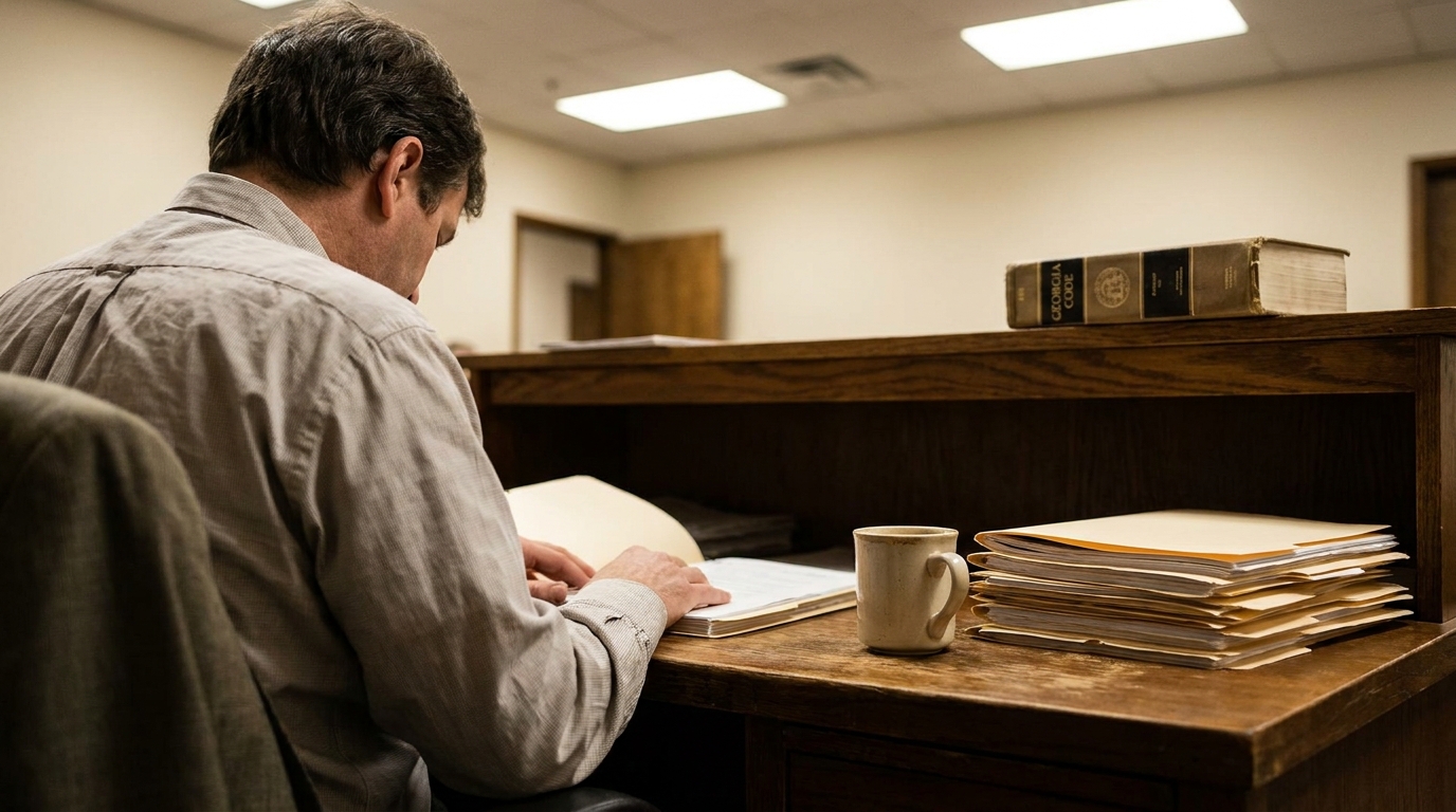 Lawrenceville Drug Defense Attorney Reviewing Georgia Case Files attorney reviewing documents at wooden desk with Georgia Code books nearby