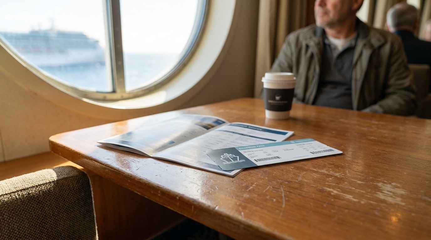 cruise ship boarding pass and open brochure on wooden table near porthole window