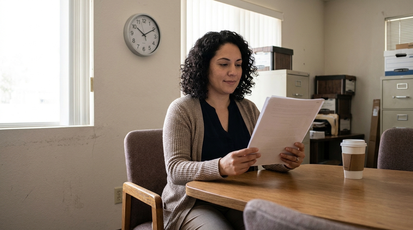 Woman Reviewing Uncontested Divorce Papers Las Vegas woman seated at office table reviewing printed legal documents with coffee cup nearby