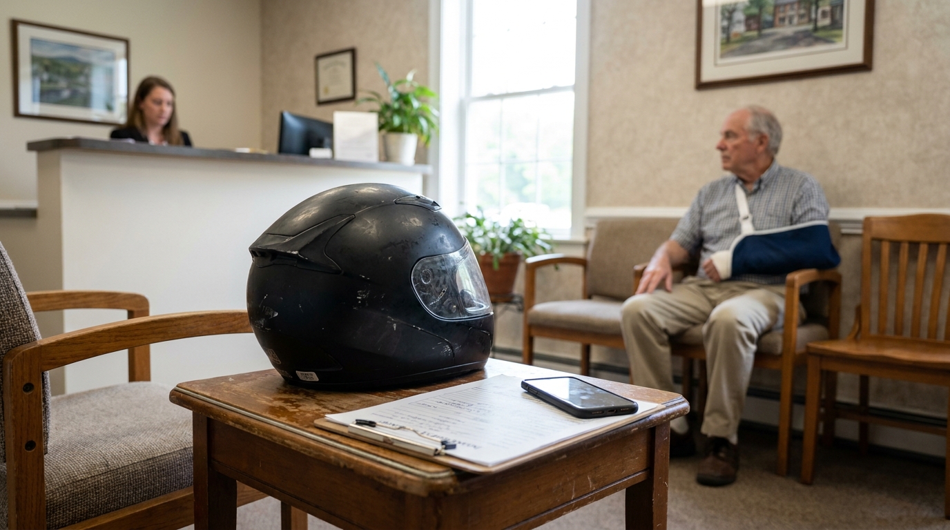 Injured Motorcyclist Meeting Attorney in Saratoga Springs motorcycle helmet on table beside injured man wearing arm sling in law office waiting room