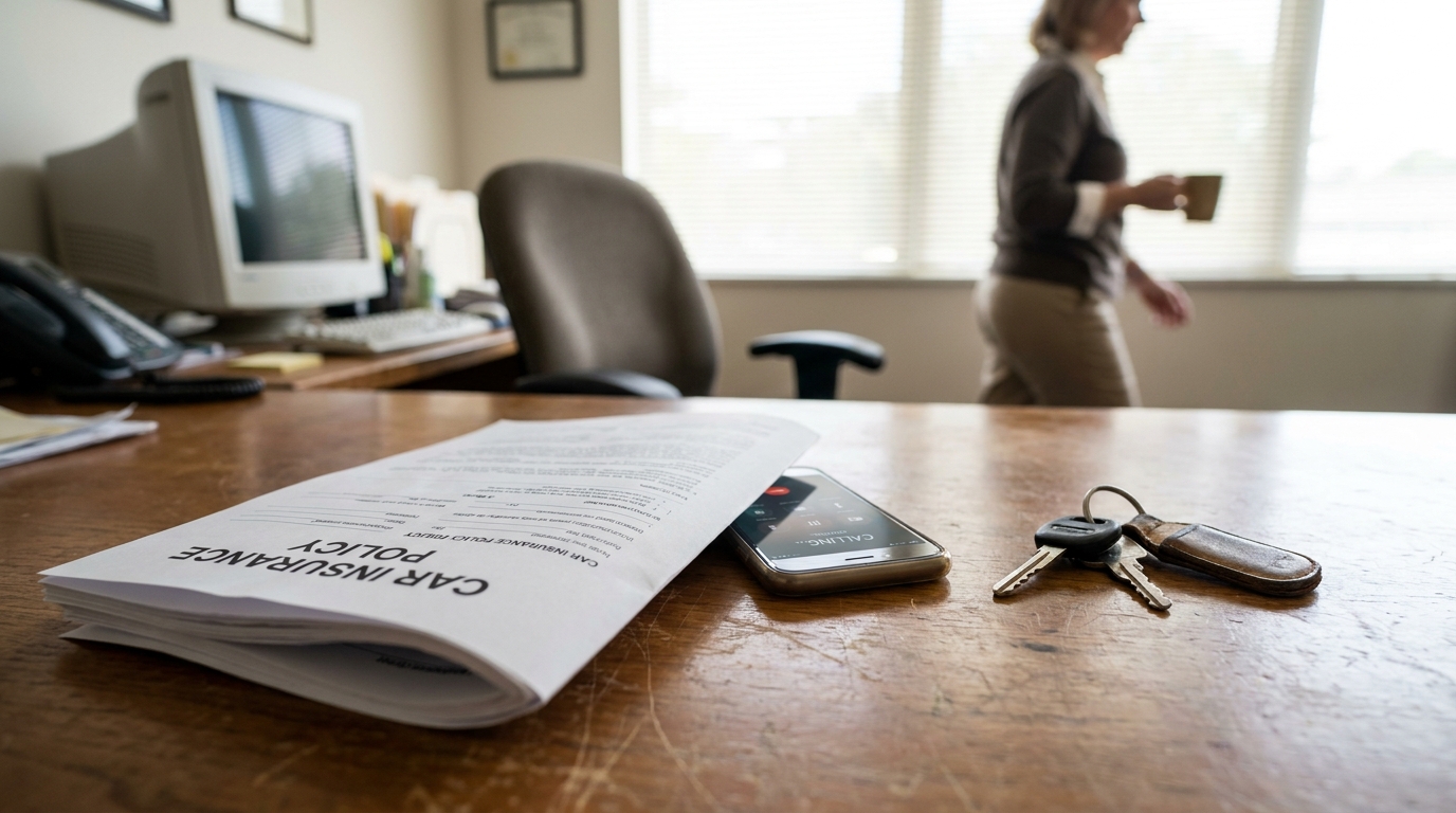 Car Insurance Policy Documents Orange County Accident Claim Car Insurance Policy document, smartphone, and car keys on office desk