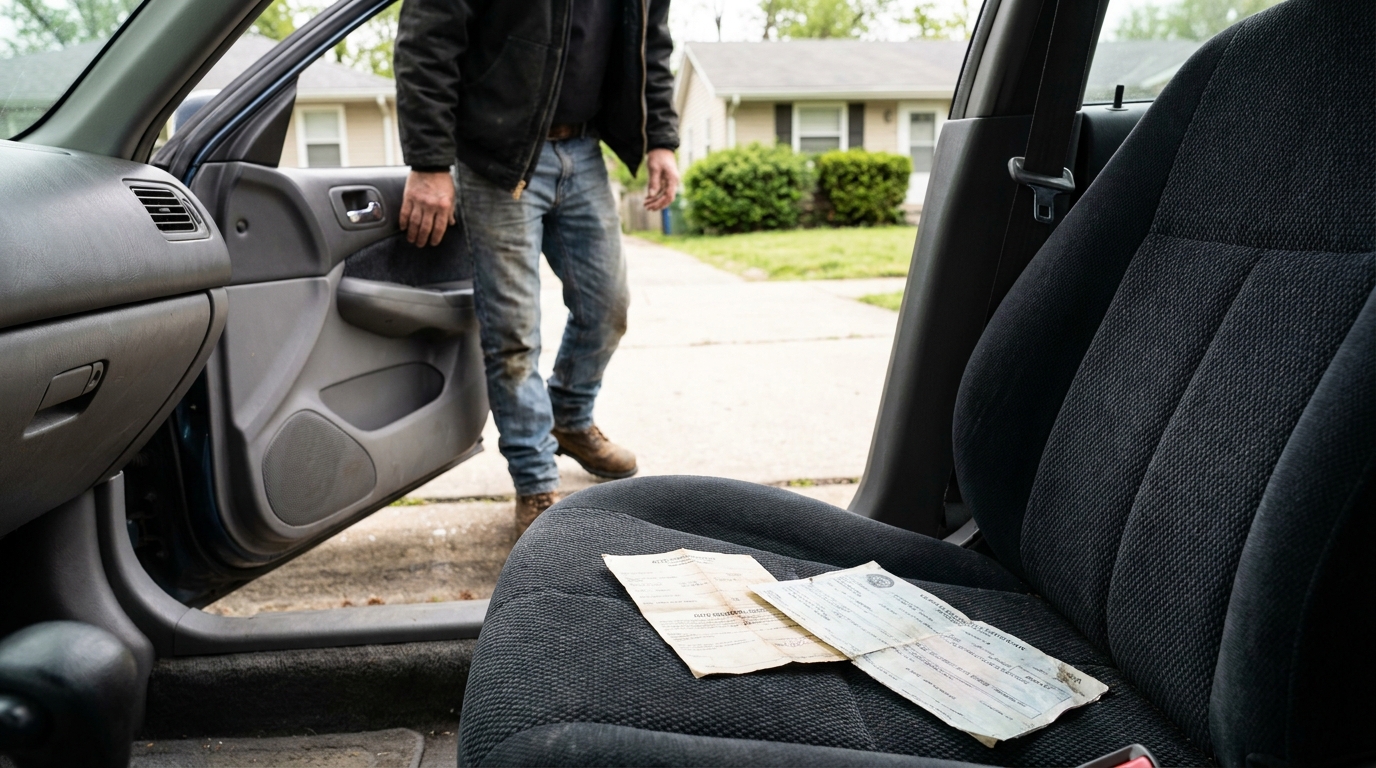 person opening car door with vehicle documents resting on front seat