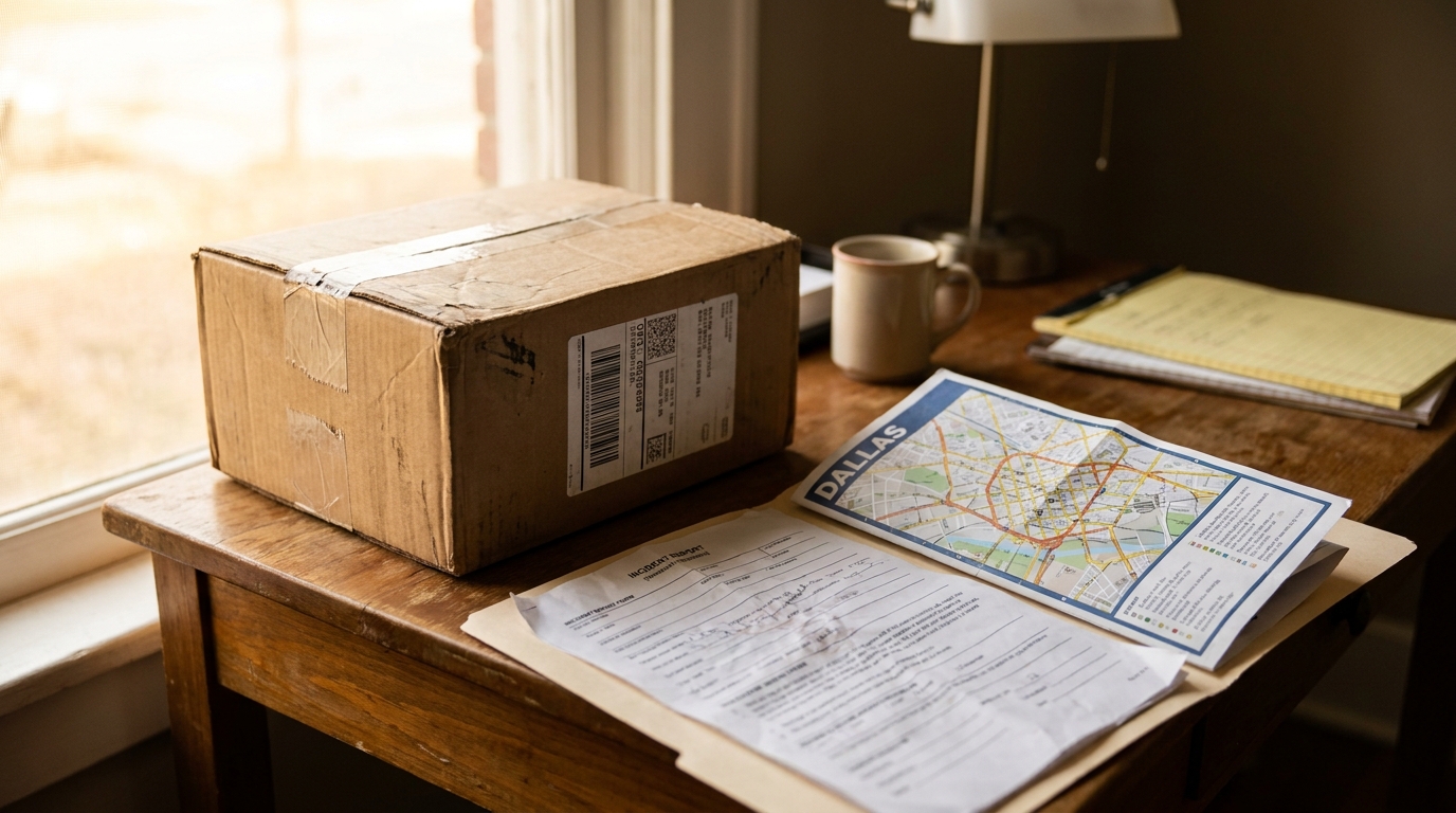 Dallas Delivery Package Incident Report Truck Accident Claim cardboard shipping box beside incident report form and Dallas street map on wooden desk