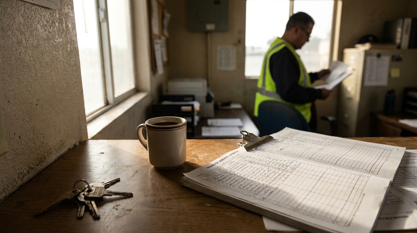 Fatigued Truck Driver Hours of Service Logbook Orange County worker in safety vest reviewing documents beside service logbook and keys on desk