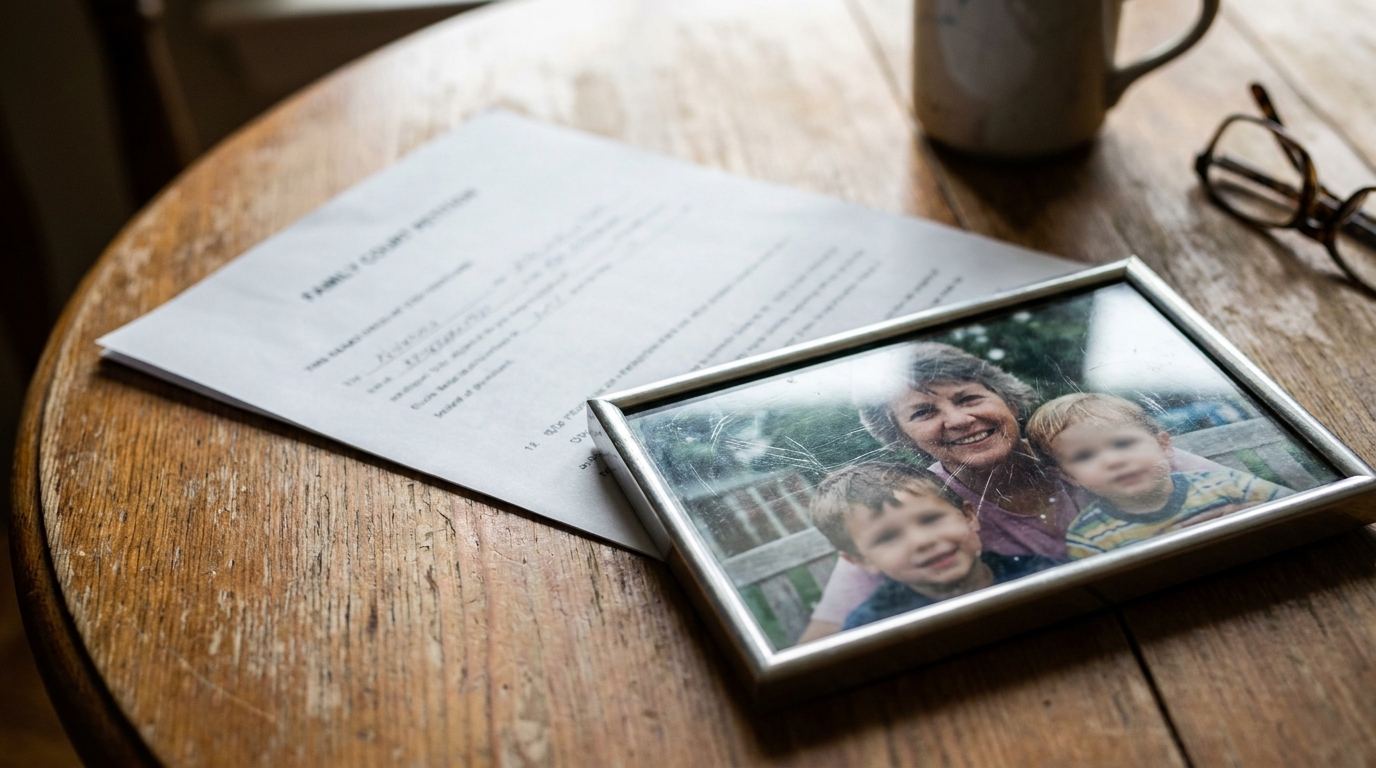 Grandparent Visitation Rights Family Court Petition Houma Louisiana Family Court petition document beside framed photo of grandmother and two grandchildren