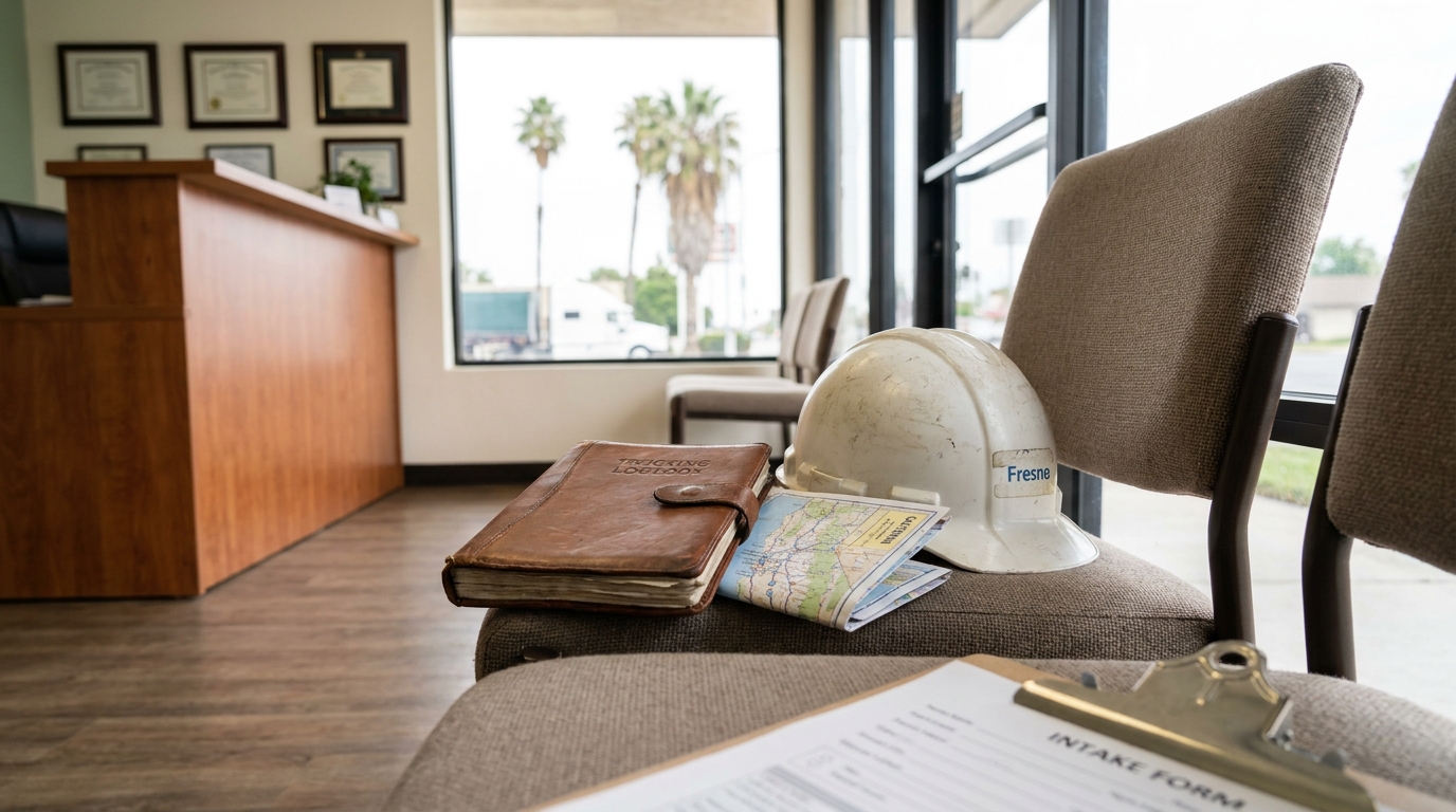 Abogado de accidentes de camión en Fresno California - oficina trucking logbook, road map, hard hat, and intake form on law office chair