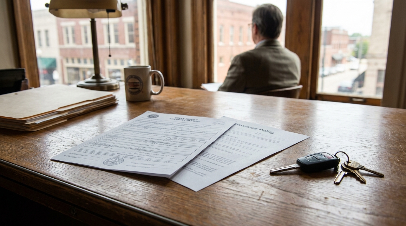 Memphis Attorney Reviewing Tennessee Auto Insurance Policy After Crash Insurance policy document and car keys on wooden desk with man seated nearby