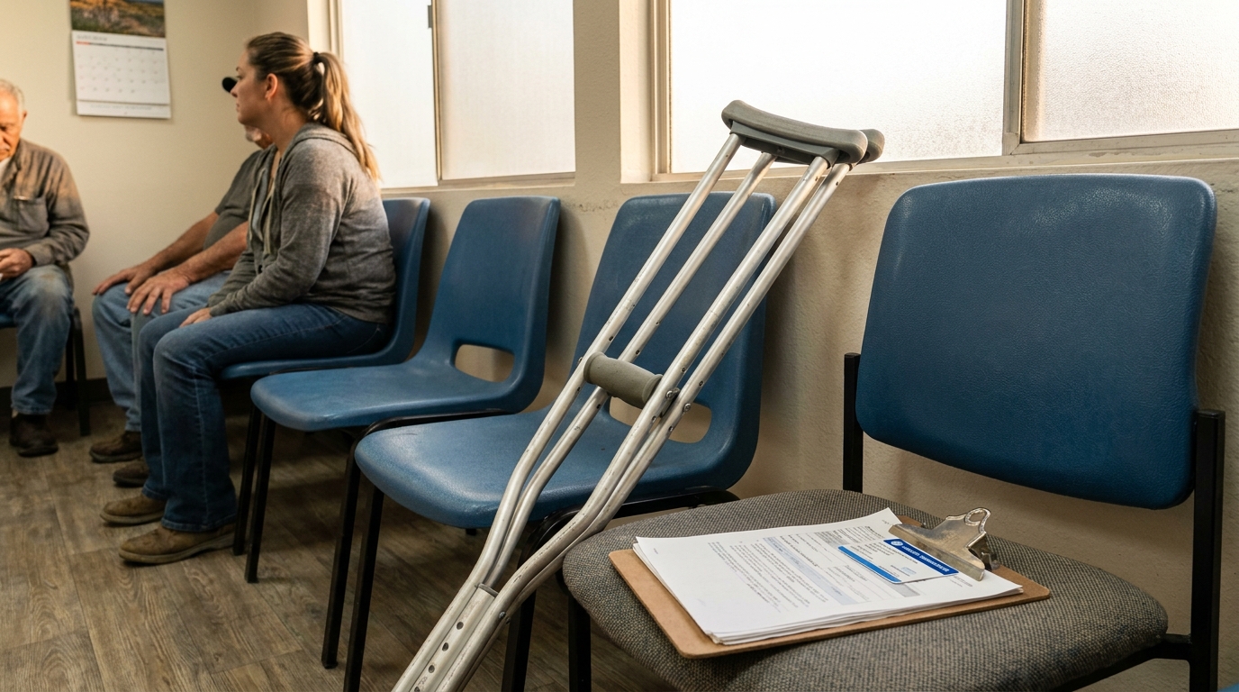 Víctima de accidente de auto en Bakersfield esperando atención médica sala de espera con muletas y portapapeles junto a pacientes sentados después de un accidente