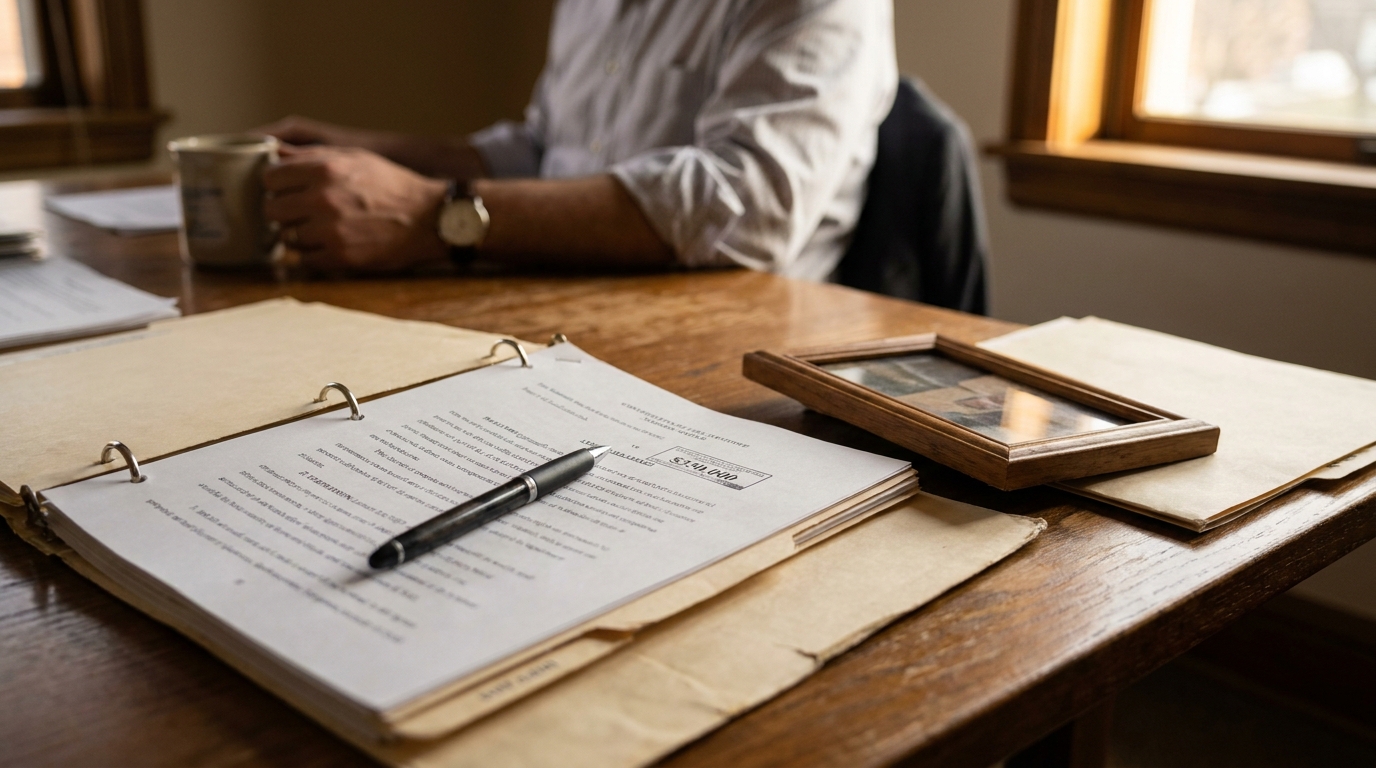 Madison WI Wrongful Death Claim Documents and Family Photo open binder with legal documents and pen on wooden desk near framed photo