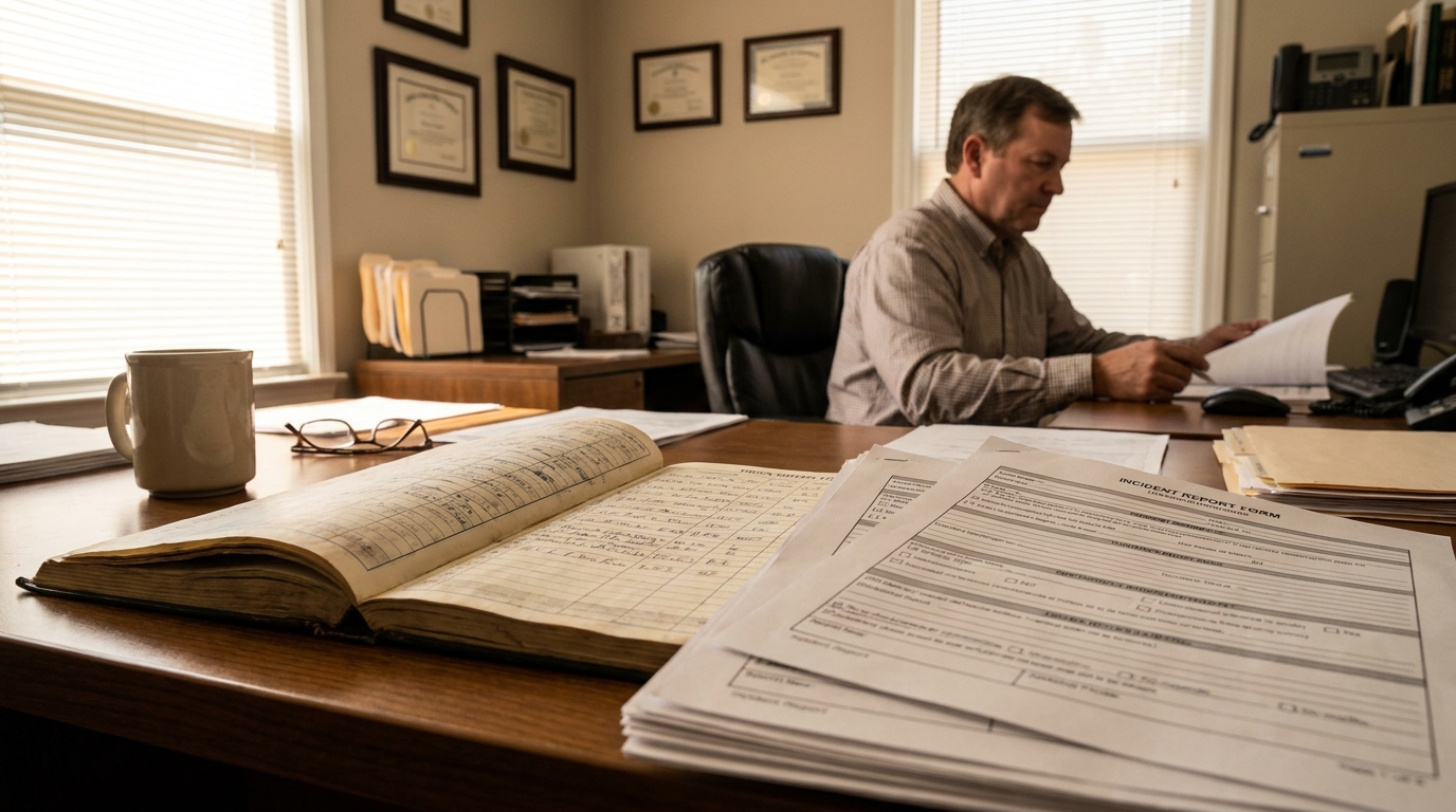 attorney reviewing papers at desk with incident report form and open logbook