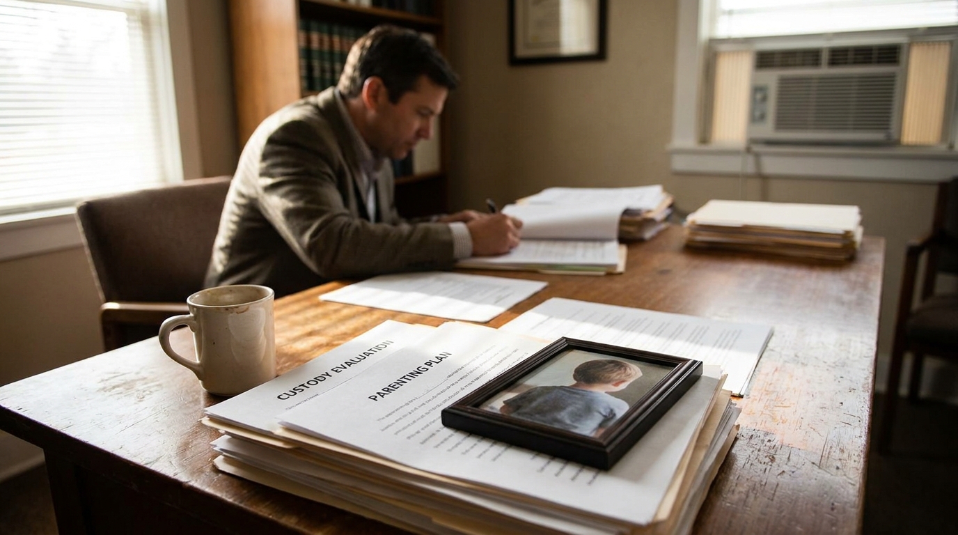 Texas Attorney Reviewing Child Custody Evaluation and Parenting Plan attorney reviewing custody evaluation and parenting plan documents with child photo on desk