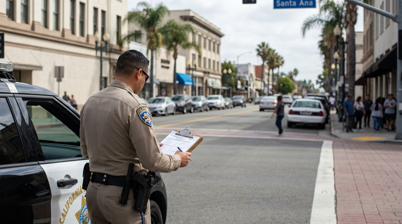 CHP Officer Filing Accident Report on Santa Ana Street California Highway Patrol officer writing on clipboard beside patrol vehicle in Santa Ana