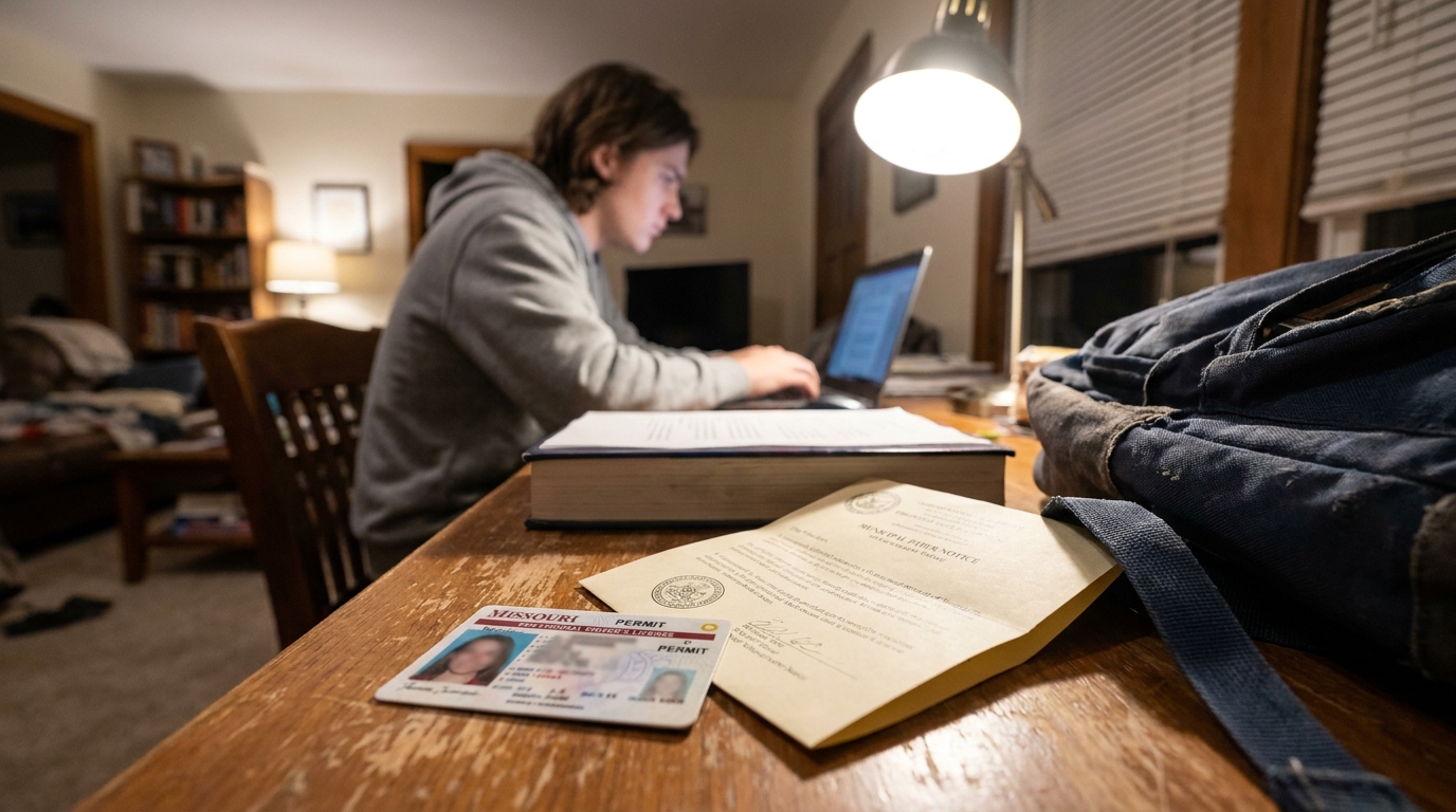 Missouri Teen Driver Permit and Curfew Notice at Night Missouri provisional driver's permit and municipal paper notice on desk with teen using laptop