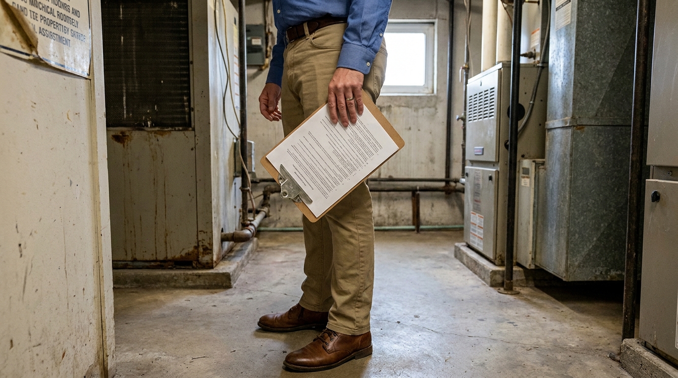 Philadelphia Commercial Property Inspector Reviewing NNN Lease Documents inspector holding clipboard with documents inside industrial utility room