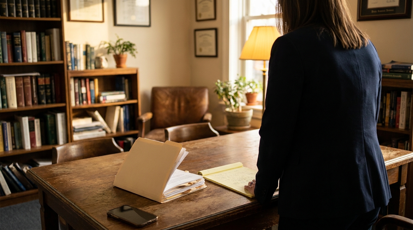 Schenectady Domestic Violence Defense Attorney Reviewing Case Files attorney standing at desk with open case folder and legal notepad in law office