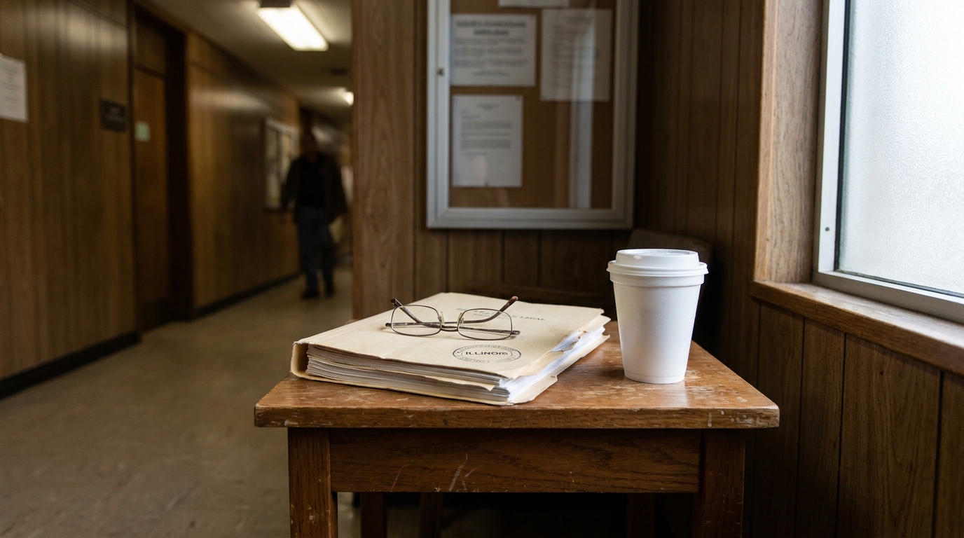 Illinois stamped legal file folder with eyeglasses and coffee cup on courthouse table