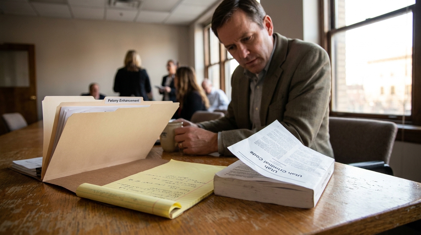 Salt Lake City Attorney Reviewing Utah DV Felony Enhancement Case attorney reviewing Felony Enhancement case file and Utah Criminal Code book