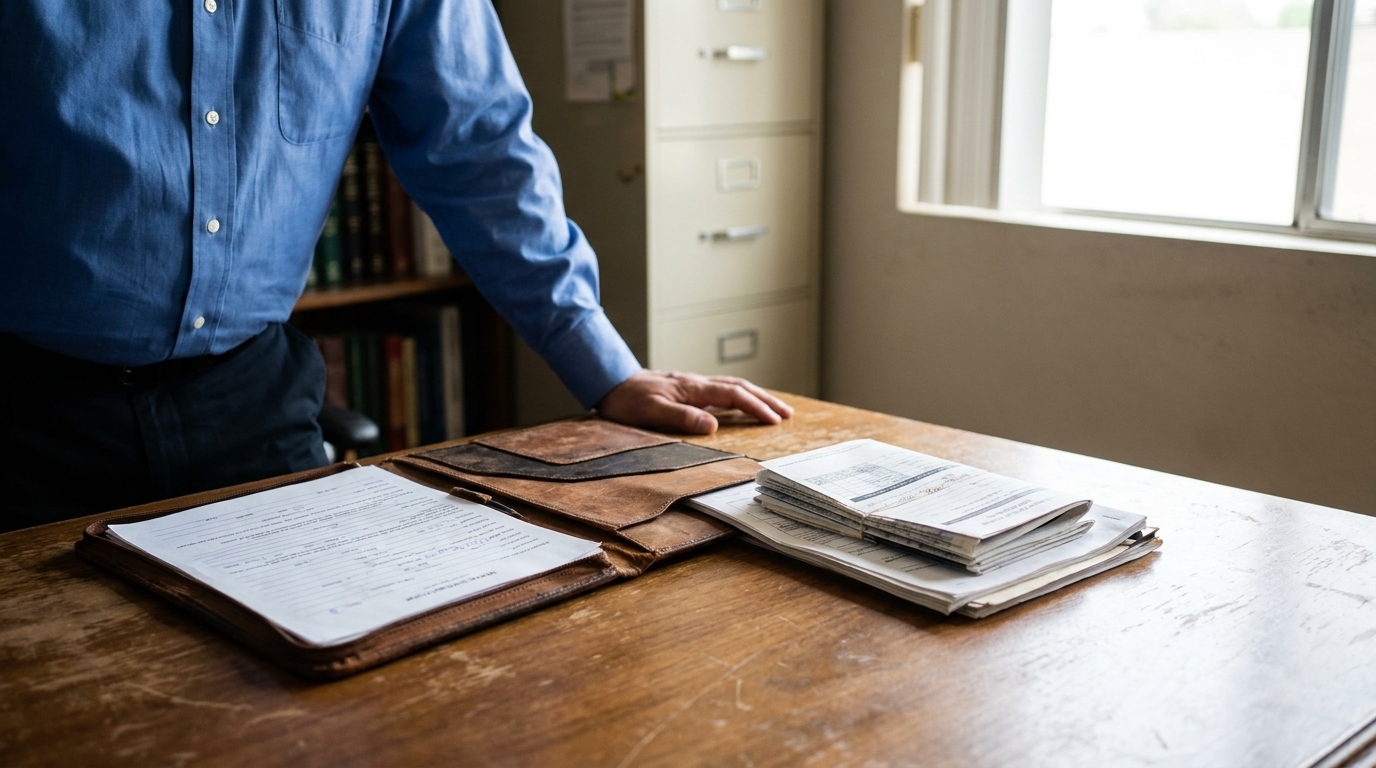 San Bernardino Truck Accident Attorney Reviewing Legal Documents professional leaning over desk with leather portfolio and stacked legal documents