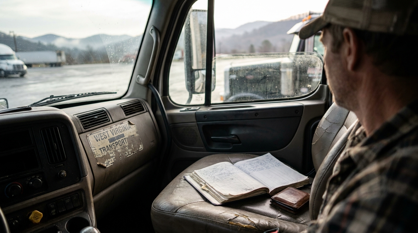 West Virginia Truck Driver Logbook Inside Cab truck driver seated in cab beside open logbook and West Virginia Transport placard
