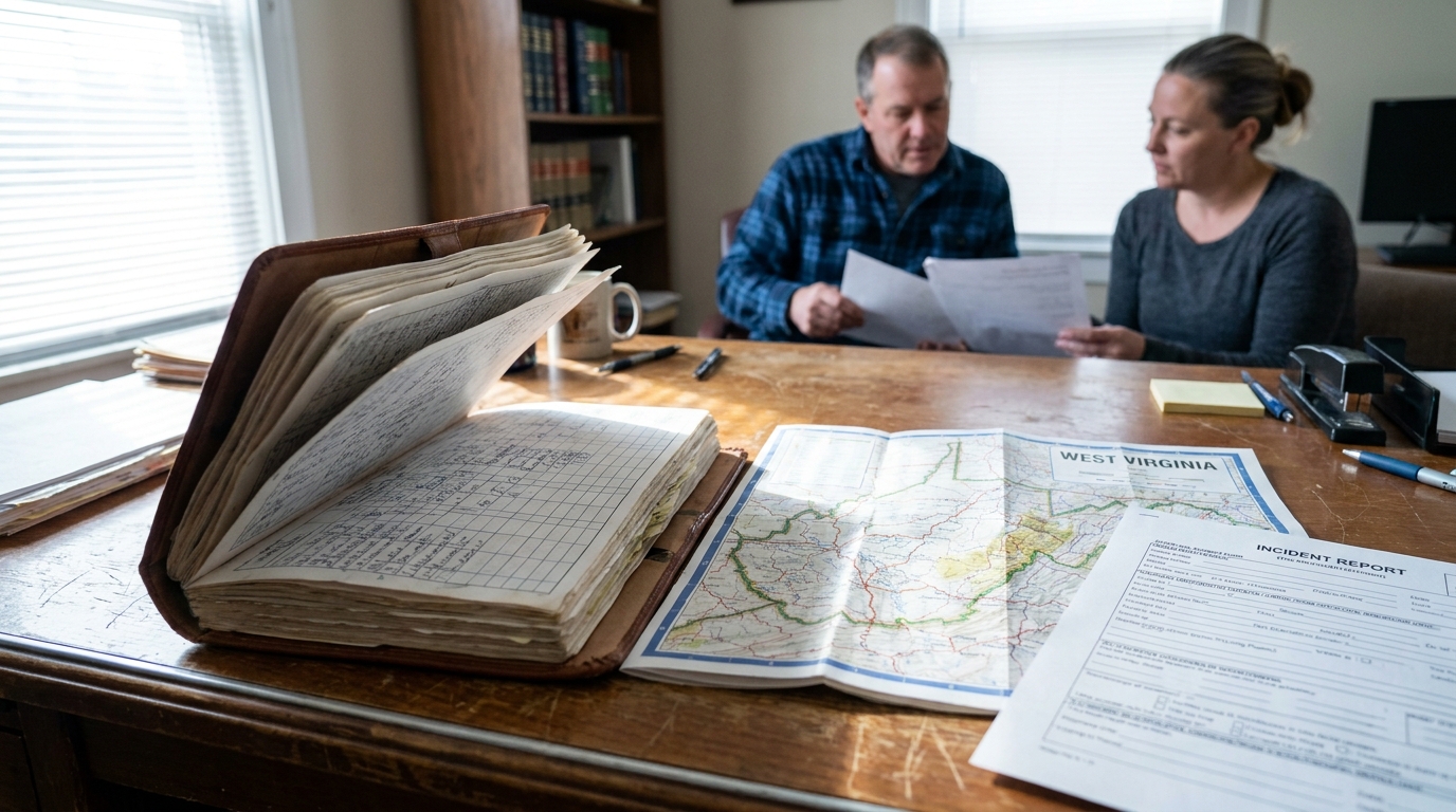 open logbook, West Virginia map, and incident report on desk with two people reviewing documents