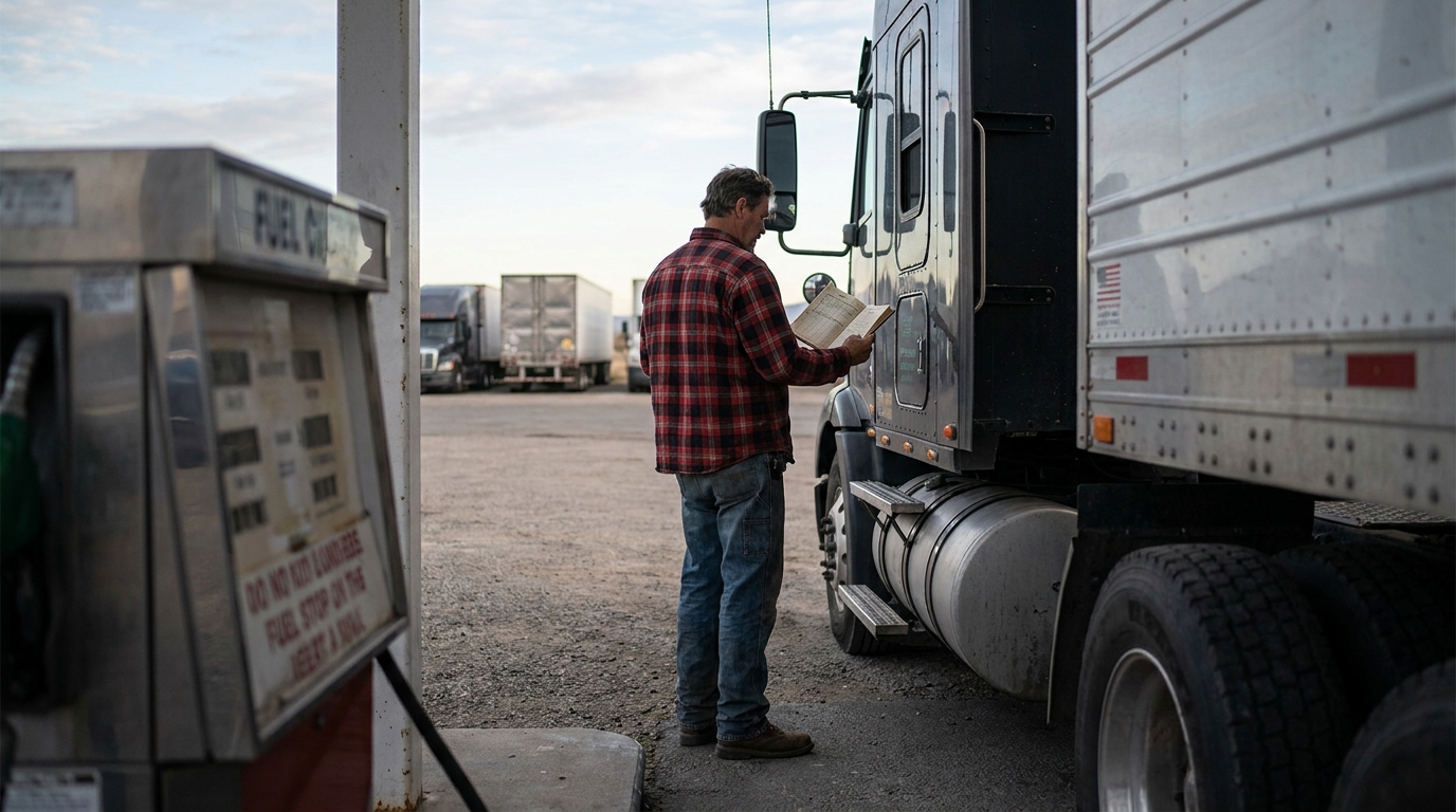 Truck Driver Reviewing Logbook at California Fuel Stop truck driver reviewing paperwork beside semi-truck at commercial fuel stop