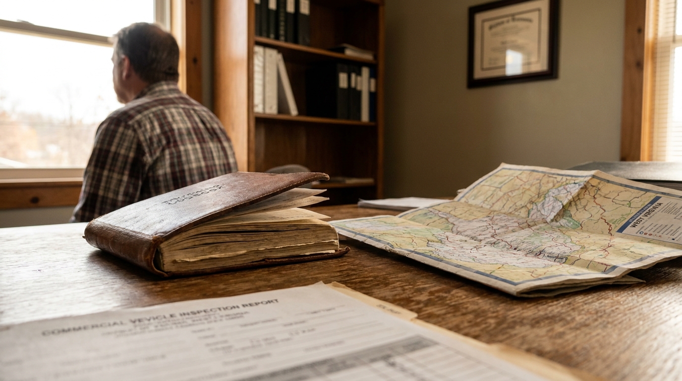 Commercial vehicle inspection report, West Virginia map, and worn logbook on desk