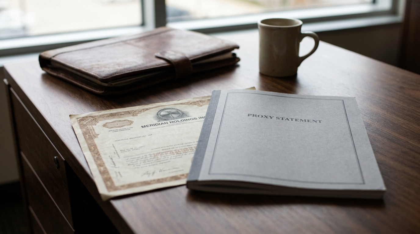 Stock Certificate and Proxy Statement Fiduciary Duties USA Proxy statement document and Meridian Holdings stock certificate on wooden desk