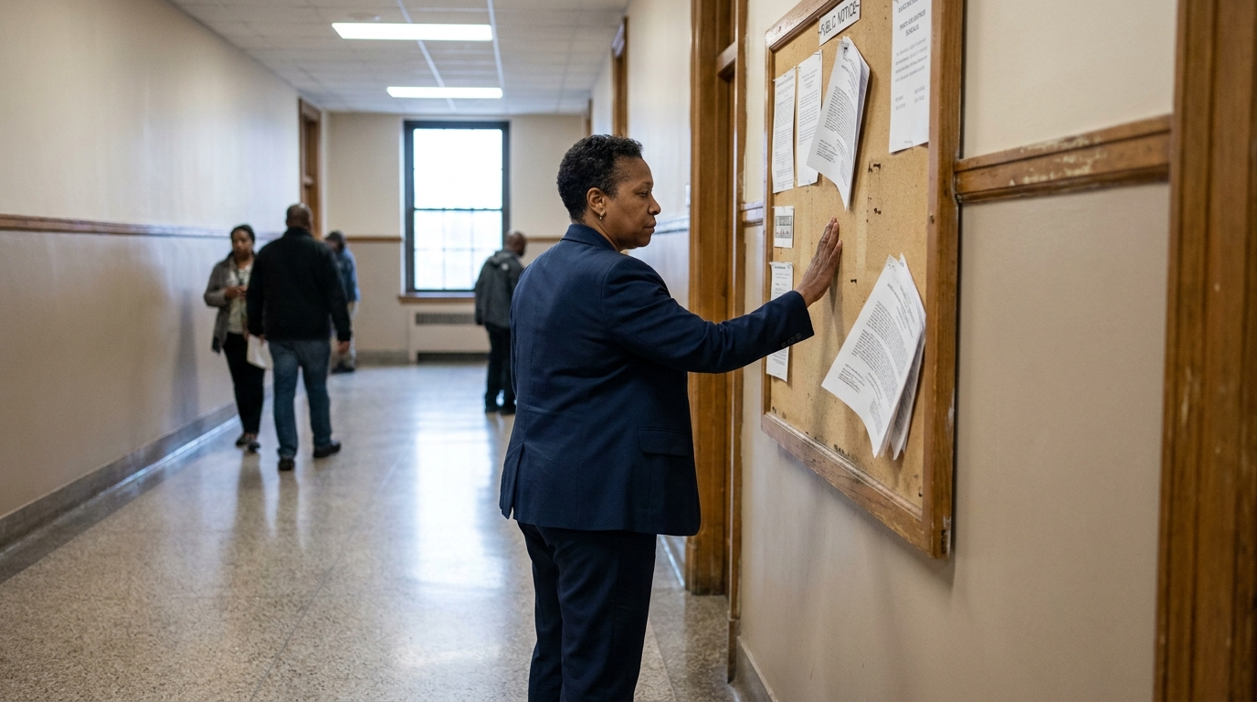 Baltimore Probate Attorney Reviewing Public Notice Board professional in suit reading public notice bulletin board in courthouse hallway