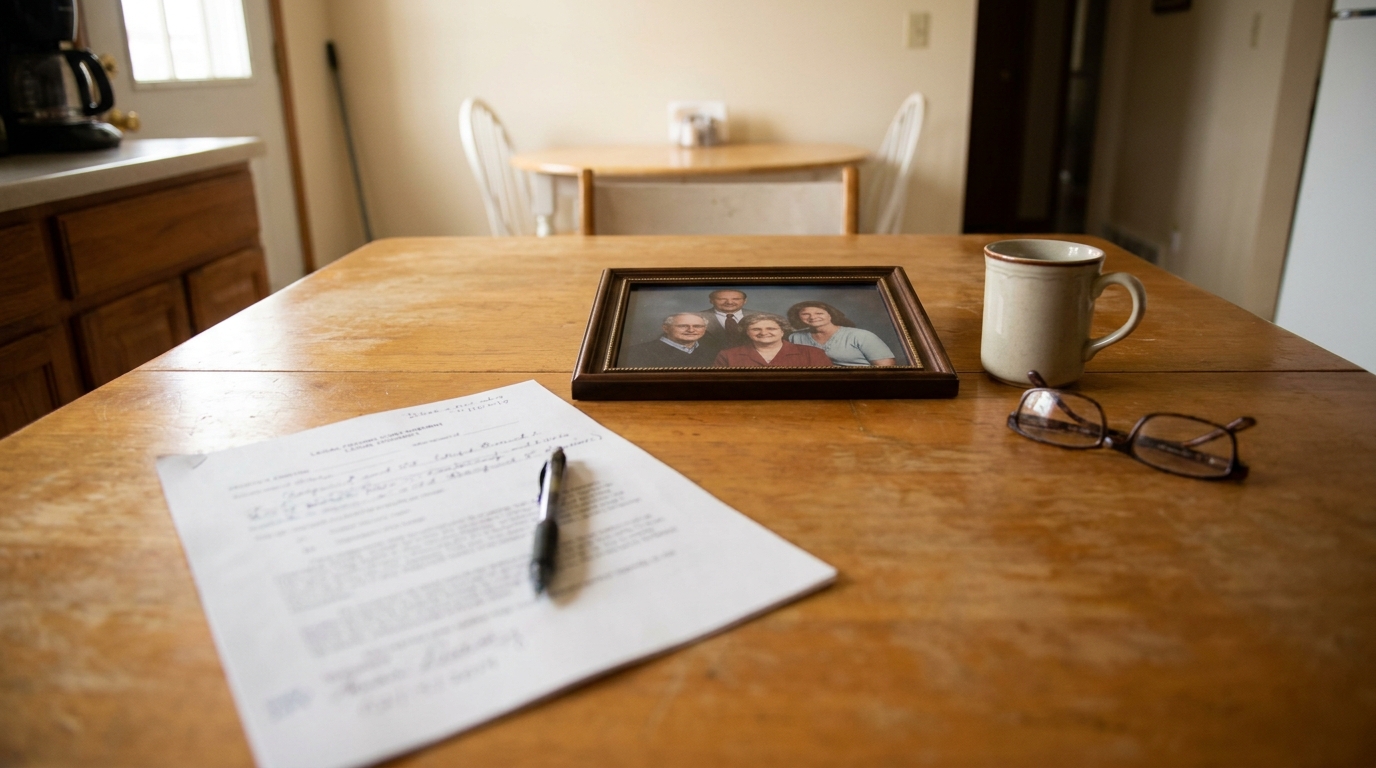 Houma Louisiana Grandparent Visitation Legal Document Family Photo signed legal document and pen on kitchen table beside framed family portrait