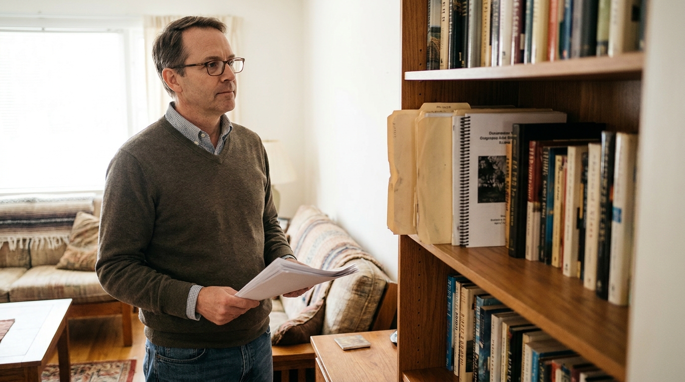 Elder Law Attorney Reviewing Medicaid Asset Documents Charlotte NC man wearing glasses holding documents standing beside wooden bookshelf with books