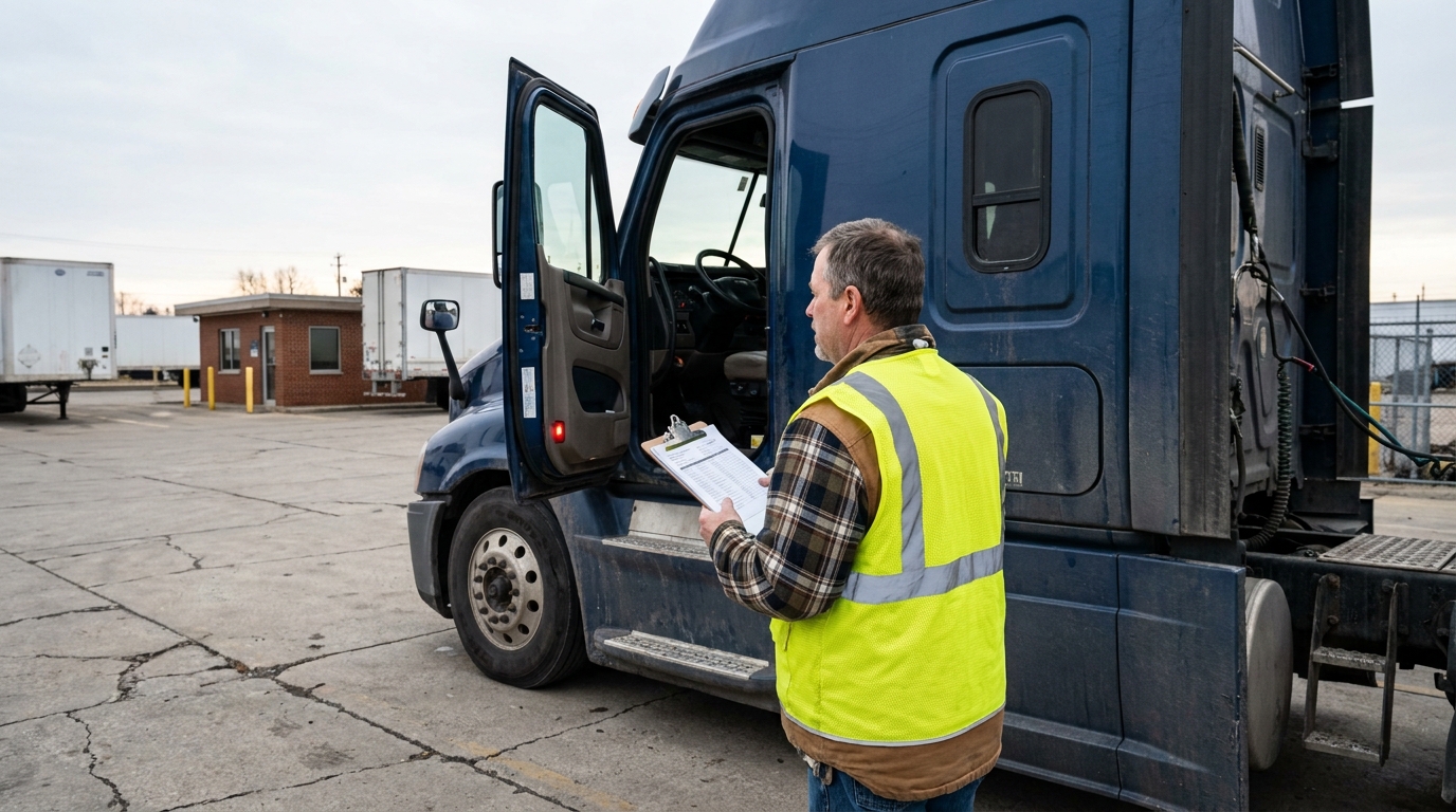 truck driver in safety vest holding clipboard beside open semi-truck cab