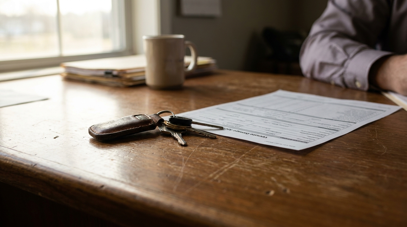 Hollywood Florida Total Loss Insurance Claim Form With Car Keys car keys and vehicle damage assessment form on wooden desk during meeting