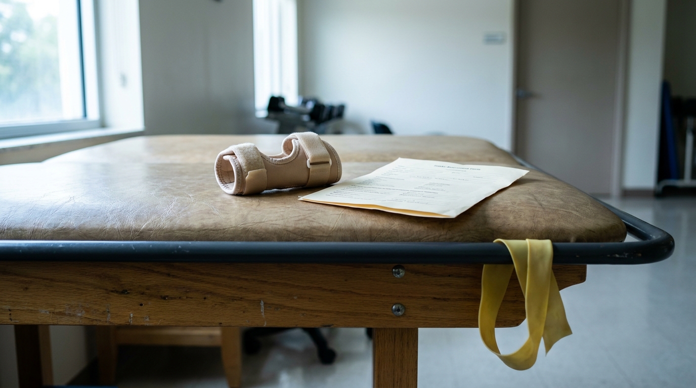 Erb's Palsy Brace and Medical Form Plantation Birth Injury wrist brace and medical assessment form on physical therapy treatment table