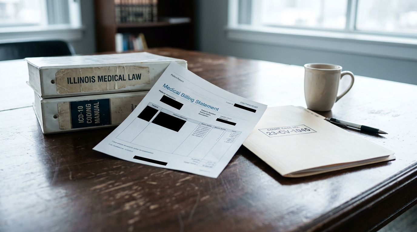 Illinois Medical Law binder, ICD-10 Coding Manual, Medical Billing Statement, and court case folder on desk