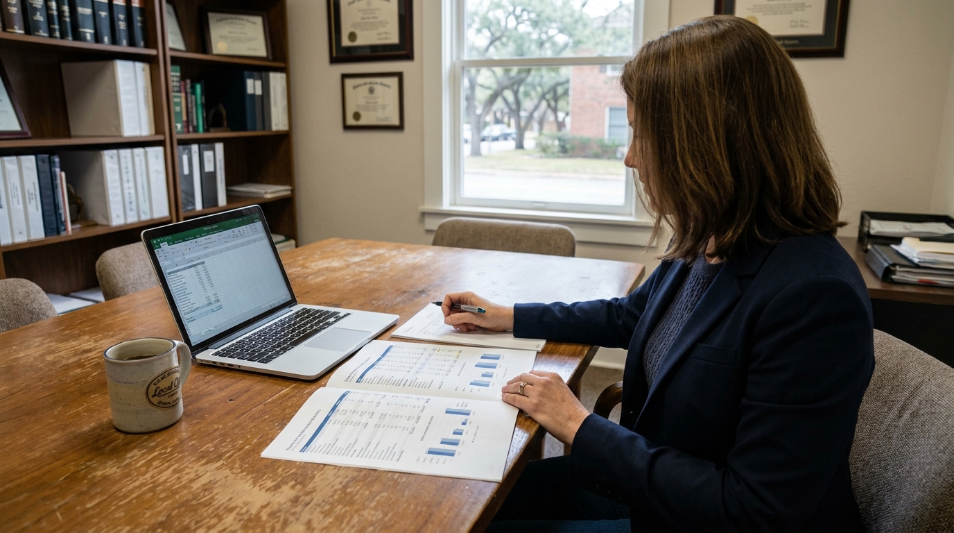 Austin Family Law Attorney Reviewing QDRO Retirement Division Documents attorney reviewing printed charts and spreadsheet on laptop at office desk