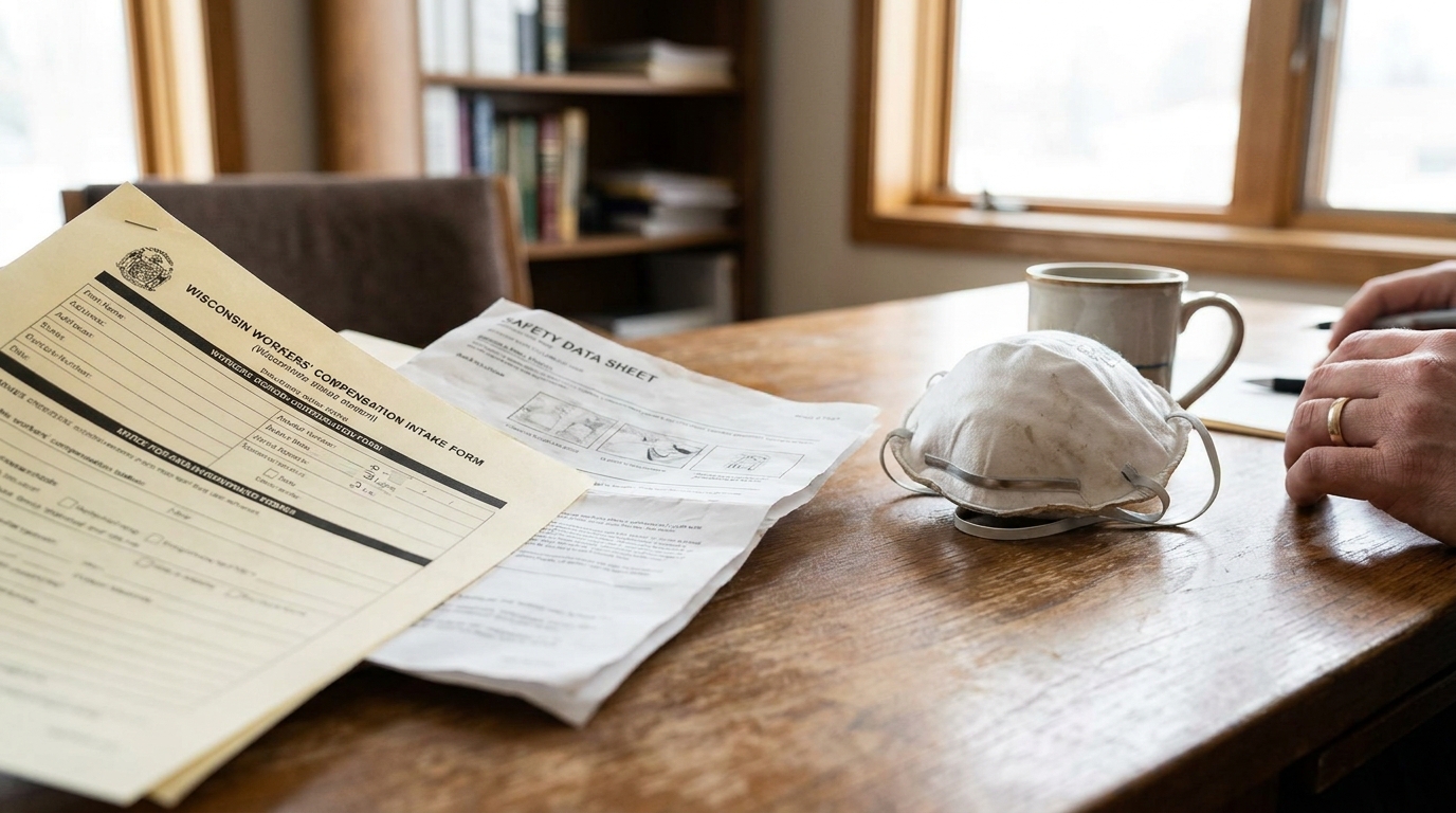 Wisconsin Workers Compensation Form and Safety Mask Madison WI Wisconsin Workers' Compensation intake form and safety data sheet on desk with respirator mask